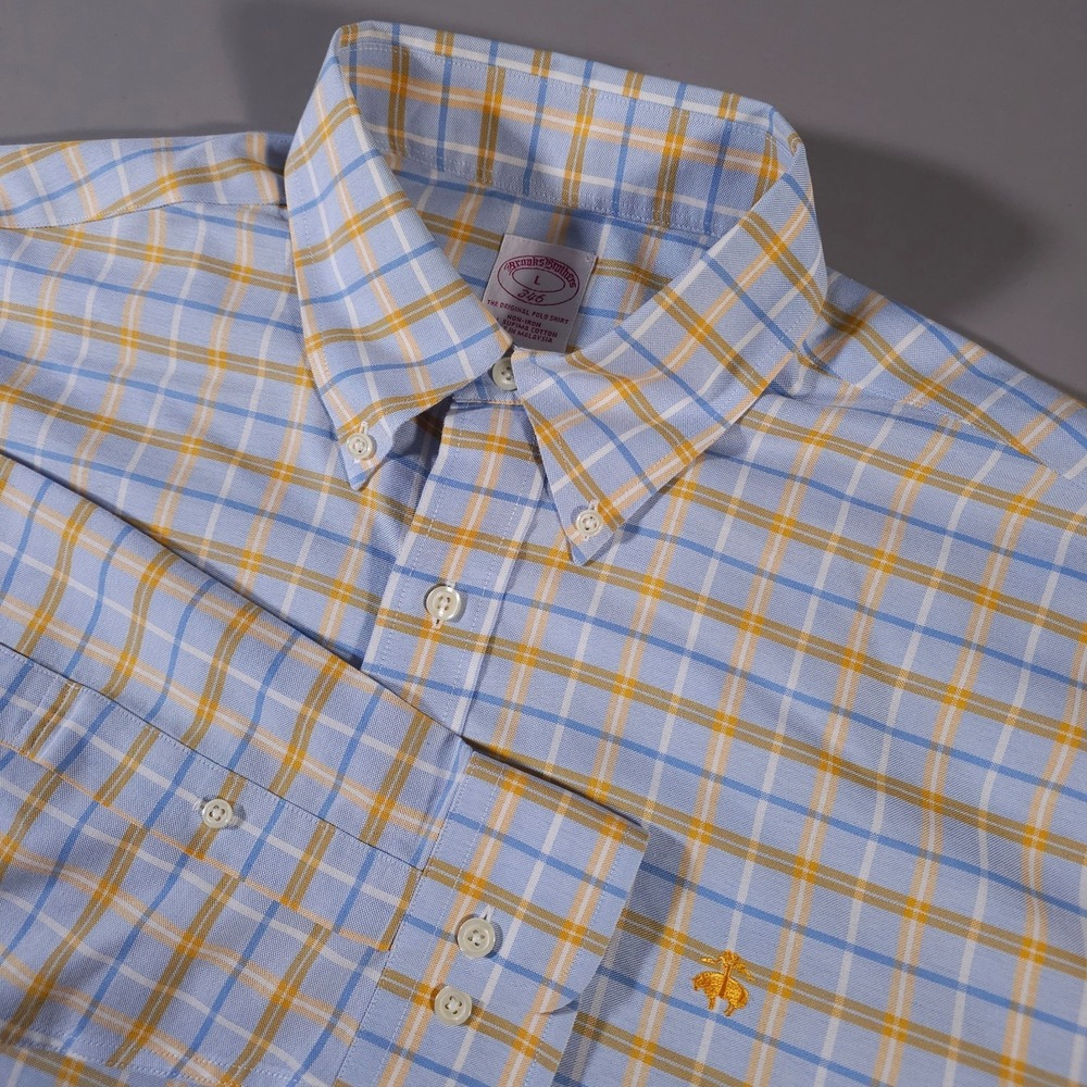 Brooks Brothers Button Down Logo Shirt Men's Large Yellow Gold Blue Plaid Cotton